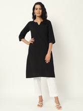 Black Cotton Pintuck Long Kurta - SKYTICK